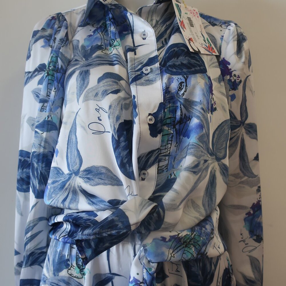 NWT Womens Bululu Espanola Blue Blouse, Aruba Elephant Satin Pants M Set - Picture 7 of 13